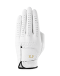 The Monogram Glove in white cabretta, initials R.F in gold foil on the wrist strap.