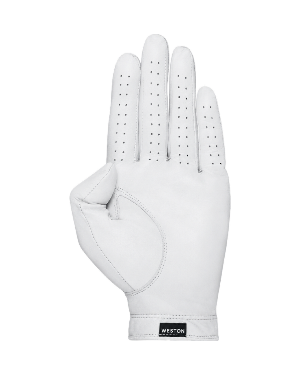 The Original Glove in White, palm with the woven Weston label